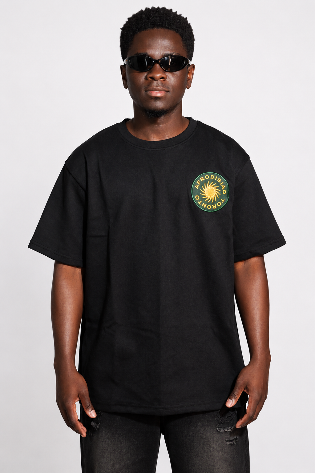 Model wearing the black Afrodisiac Toronto Tee