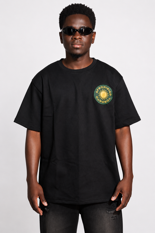 Model wearing the black Afrodisiac Toronto Tee